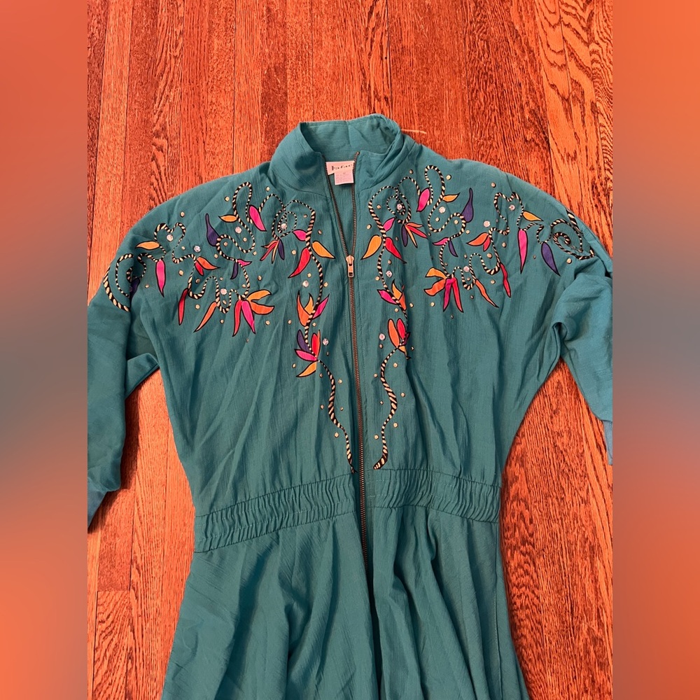 Vintage Turquoise 80s Rafael Midi‎ Zip Dress Sz M Pockets Embellished Waist